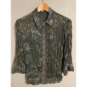 Agora Top Womens Size Medium Pleated Floral Snap Closure Boho Embellished Y2K